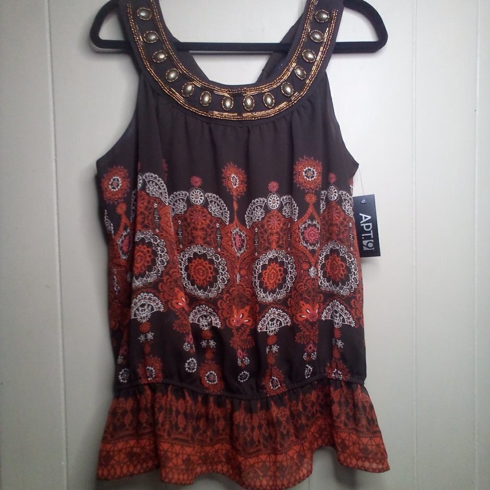 Apt. 9 Blouse L Sleeveless Beaded Ruffle Brown Orange